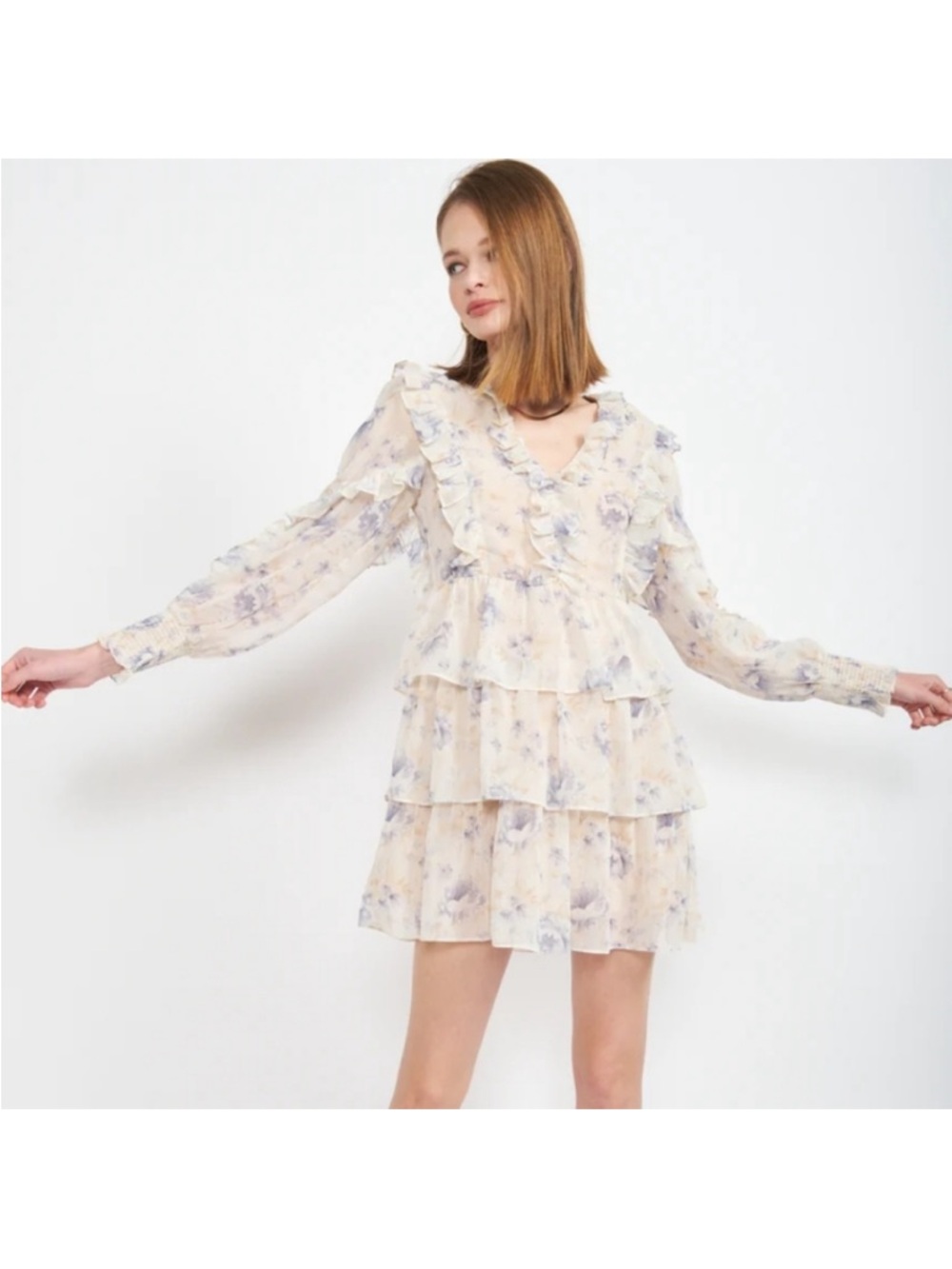 En Saison Kika Floral Ruffle Tiered Mini Dress - Cream Floral